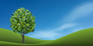 Mavi gökyüzü ile yeşil çim tepede ağaç. Arka plan park ve peyzaj fikir için açık. Doğal madde hem baskı ve Web için kullanın. Vektör çizim.