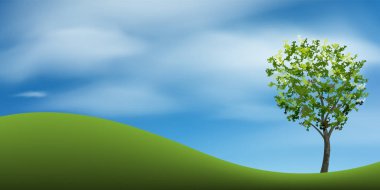 Mavi gökyüzü ile yeşil çim tepede ağaç. Arka plan park ve peyzaj fikir için açık. Doğal madde hem baskı ve Web için kullanın. Vektör çizim.