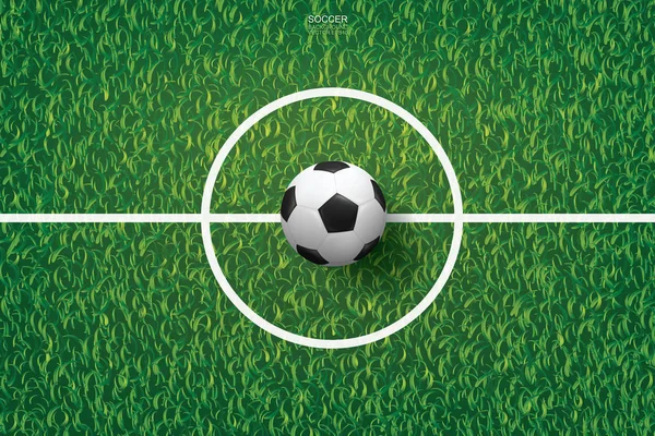 Futbol topu yeşil çimlerin üzerinde futbol sahası arka planında. Vektör illüstrasyonu.