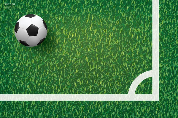 Fußball Ball Auf Grünem Rasen Des Fußballfeldes Hintergrund Eckbereich Vektorillustration — Stockvektor