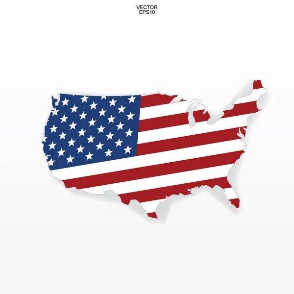 美国的地图以美国旗子样式 美利坚合众国 地图白色背景与软阴影 矢量插图 — 图库矢量图片