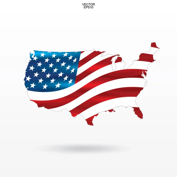 美国的地图以美国旗子样式和挥动 美利坚合众国 地图白色背景与软阴影 矢量插图 — 图库矢量图片
