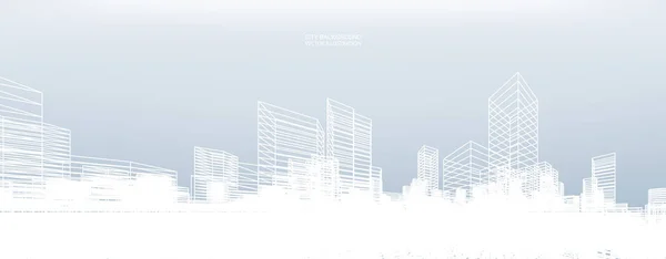 Fundo Cidade Wireframe Abstrato Perspectiva Renderização Construção Wireframe Ilustração Vetorial — Vetor de Stock