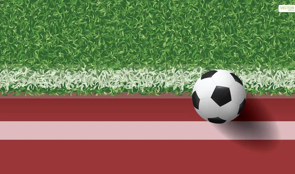 Fußball Ball Auf Grünem Rasen Des Fußballfeldes Mit Laufbahn Für — Stockvektor