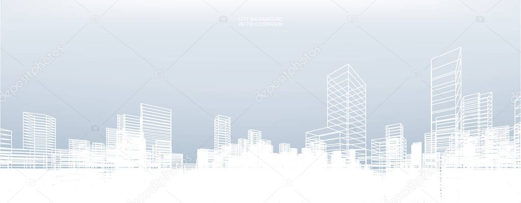 Abstract wireframe city background. Perspective 3D render of building wireframe. Vector illustration.