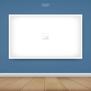Boş fotoğraf çerçevesi veya resim çerçeve arka planda oda yer alan mavi duvar arka plan ve ahşap zemin ile. Oda Tasarım ve dekorasyon için vektör fikir.