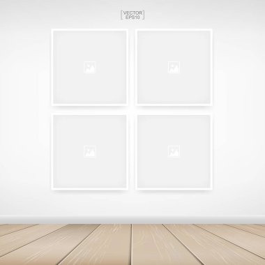Beyaz beton arka plan ve ahşap zemin ile oda alanı alanında boş fotoğraf çerçevesi veya çerçeve arka planı. Vektör illüstrasyonu.