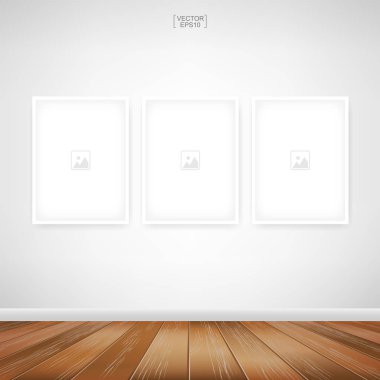 Beyaz beton arka plan ve ahşap zemin ile oda alanı alanında boş fotoğraf çerçevesi veya çerçeve arka planı. Vektör illüstrasyonu.
