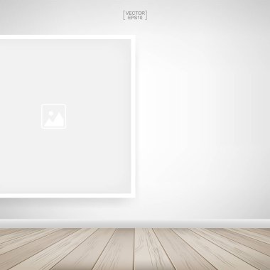 Beyaz beton arka plan ve ahşap zemin ile oda alanı alanında boş fotoğraf çerçevesi veya çerçeve arka planı. Vektör illüstrasyonu.