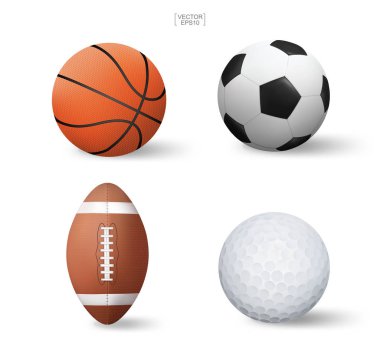 Vektör gerçekçi top seti spor. Basketbol, futbol futbol, Amerikan futbolu ve beyaz arka plan üzerinde izole golf. Vektör çizim.