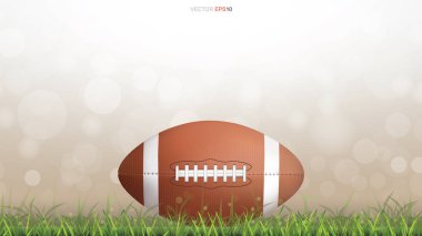 Amerikan futbol topu ya da yeşil çimen kortunda ragbi topunun arka planı bulanık. Vektör illüstrasyonu.