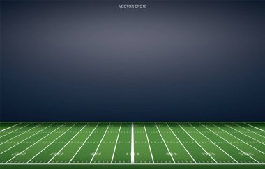 Amerikan futbol stadyumunun arka planında çim tarlasının perspektif çizgisi var. Vektör illüstrasyonu.