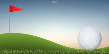Golf topu golf sahasının yeşil tepesinde, günbatımı arka planında. Vektör illüstrasyonu.