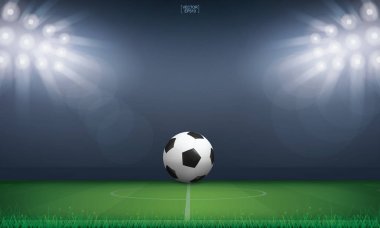 Futbol topu yeşil çimlerde ya da futbol sahasının arka planında. Vektör illüstrasyonu.