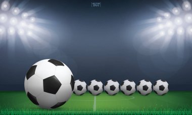 Futbol topu yeşil çimlerde ya da futbol sahasının arka planında. Vektör illüstrasyonu.