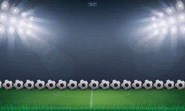 Futbol topu yeşil çimlerde ya da futbol sahasının arka planında. Vektör illüstrasyonu.