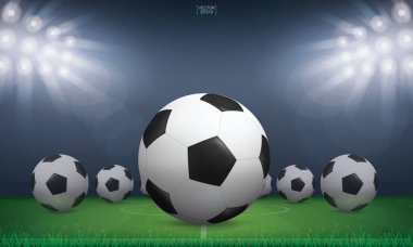 Futbol topu yeşil çimlerde ya da futbol sahasının arka planında. Vektör illüstrasyonu.