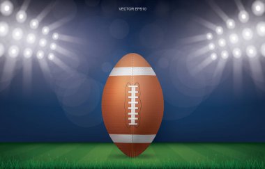 Futbol sahası arka planında futbol topu. Amerikan futbol sahasının perspektif çizgisi desenli. Vektör illüstrasyonu.