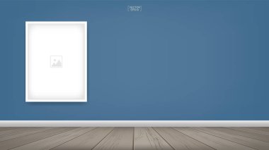 Boş fotoğraf çerçevesi veya resim çerçeve arka planda oda yer alan mavi duvar arka plan ve ahşap zemin ile. Oda Tasarım ve dekorasyon için vektör fikir.