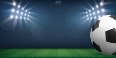 Futbol topu yeşil çimlerde ya da futbol sahasının arka planında. Vektör illüstrasyonu.