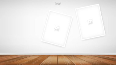 Beyaz beton arka plan ve ahşap zemin ile oda alanı alanında boş fotoğraf çerçevesi veya çerçeve arka planı. Vektör illüstrasyonu.