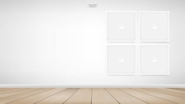 Beyaz beton arka plan ve ahşap zemin ile oda alanı alanında boş fotoğraf çerçevesi veya çerçeve arka planı. Vektör illüstrasyonu.
