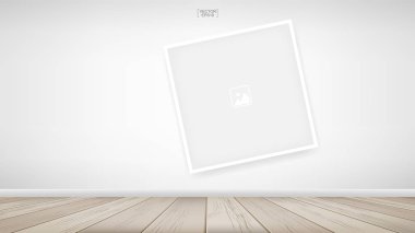 Beyaz beton arka plan ve ahşap zemin ile oda alanı alanında boş fotoğraf çerçevesi veya çerçeve arka planı. Vektör illüstrasyonu.