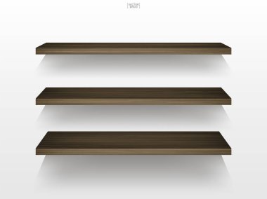 Yumuşak gölge beyaz zemin üzerine boş ahşap raf. 3D boş ahşap raflar üzerinde beyaz duvar. Vektör çizim.