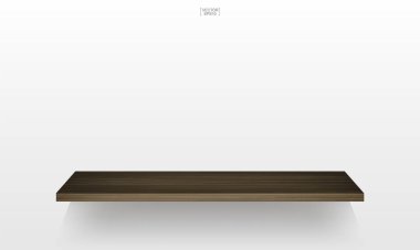 Yumuşak gölge beyaz zemin üzerine boş ahşap raf. 3D boş ahşap raflar üzerinde beyaz duvar. Vektör çizim.