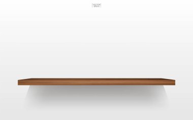 Yumuşak gölge beyaz zemin üzerine boş ahşap raf. 3D boş ahşap raflar üzerinde beyaz duvar. Vektör çizim.