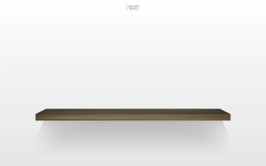 Yumuşak gölge beyaz zemin üzerine boş ahşap raf. 3D boş ahşap raflar üzerinde beyaz duvar. Vektör çizim.