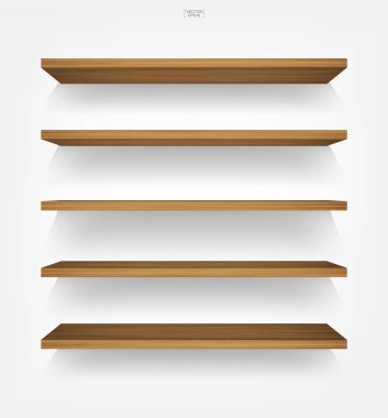 Yumuşak gölge beyaz zemin üzerine boş ahşap raf. 3D boş ahşap raflar üzerinde beyaz duvar. Vektör çizim.