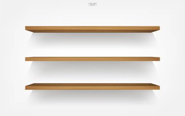 Yumuşak gölge beyaz zemin üzerine boş ahşap raf. 3D boş ahşap raflar üzerinde beyaz duvar. Vektör çizim.