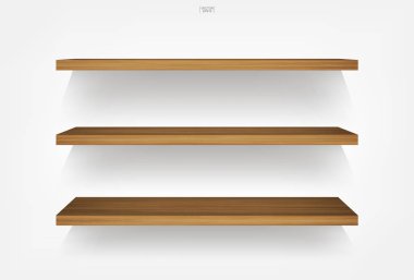Yumuşak gölge beyaz zemin üzerine boş ahşap raf. 3D boş ahşap raflar üzerinde beyaz duvar. Vektör çizim.