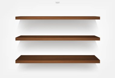 Yumuşak gölge beyaz zemin üzerine boş ahşap raf. 3D boş ahşap raflar üzerinde beyaz duvar. Vektör çizim.