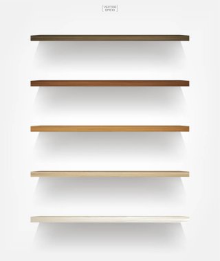 Yumuşak gölge beyaz zemin üzerine boş ahşap raf. 3D boş ahşap raflar üzerinde beyaz duvar. Vektör çizim.