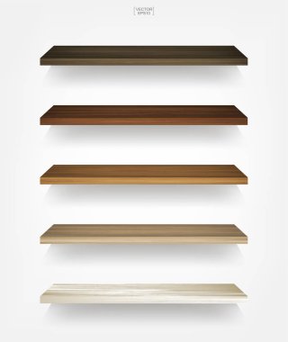 Yumuşak gölge beyaz zemin üzerine boş ahşap raf. 3D boş ahşap raflar üzerinde beyaz duvar. Vektör çizim.
