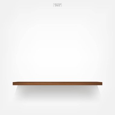 Yumuşak gölge beyaz zemin üzerine boş ahşap raf. 3D boş ahşap raflar üzerinde beyaz duvar. Vektör çizim.