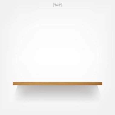 Yumuşak gölge beyaz zemin üzerine boş ahşap raf. 3D boş ahşap raflar üzerinde beyaz duvar. Vektör çizim.