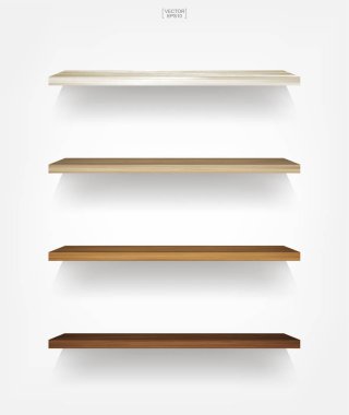 Yumuşak gölge beyaz zemin üzerine boş ahşap raf. 3D boş ahşap raflar üzerinde beyaz duvar. Vektör çizim.