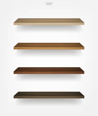 Yumuşak gölge beyaz zemin üzerine boş ahşap raf. 3D boş ahşap raflar üzerinde beyaz duvar. Vektör çizim.