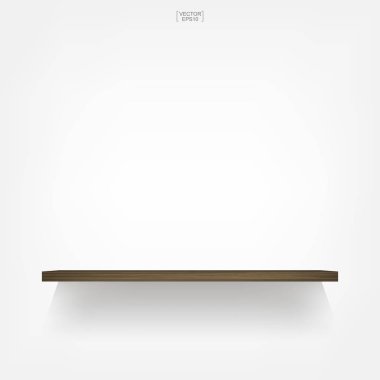 Yumuşak gölge beyaz zemin üzerine boş ahşap raf. 3D boş ahşap raflar üzerinde beyaz duvar. Vektör çizim.