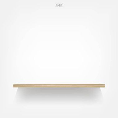Yumuşak gölge beyaz zemin üzerine boş ahşap raf. 3D boş ahşap raflar üzerinde beyaz duvar. Vektör çizim.