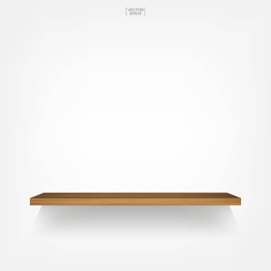 Yumuşak gölge beyaz zemin üzerine boş ahşap raf. 3D boş ahşap raflar üzerinde beyaz duvar. Vektör çizim.