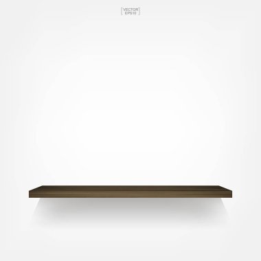 Yumuşak gölge beyaz zemin üzerine boş ahşap raf. 3D boş ahşap raflar üzerinde beyaz duvar. Vektör çizim.