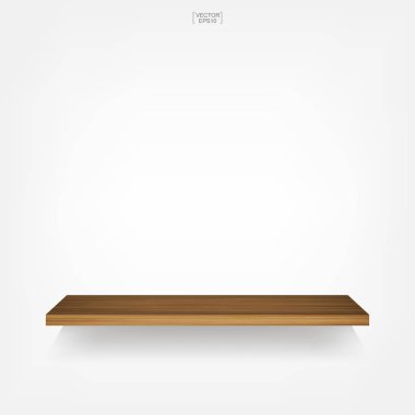 Yumuşak gölge beyaz zemin üzerine boş ahşap raf. 3D boş ahşap raflar üzerinde beyaz duvar. Vektör çizim.