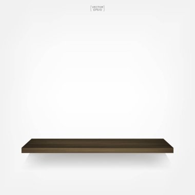 Yumuşak gölge beyaz zemin üzerine boş ahşap raf. 3D boş ahşap raflar üzerinde beyaz duvar. Vektör çizim.