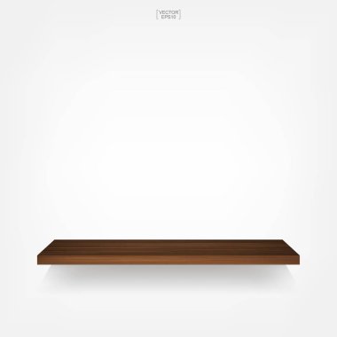 Yumuşak gölge beyaz zemin üzerine boş ahşap raf. 3D boş ahşap raflar üzerinde beyaz duvar. Vektör çizim.