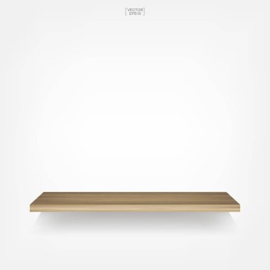 Yumuşak gölge beyaz zemin üzerine boş ahşap raf. 3D boş ahşap raflar üzerinde beyaz duvar. Vektör çizim.
