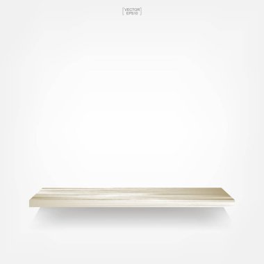 Yumuşak gölge beyaz zemin üzerine boş ahşap raf. 3D boş ahşap raflar üzerinde beyaz duvar. Vektör çizim.